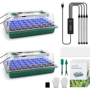 BlumWay Seed Starter Tray with Grow Light, 2 Pack 80 Cells Seedling Tray Kit with Humidity Dome/Indoor Plant Starter Kit, Adjustable Brightness Plant Germination Trays-Green
