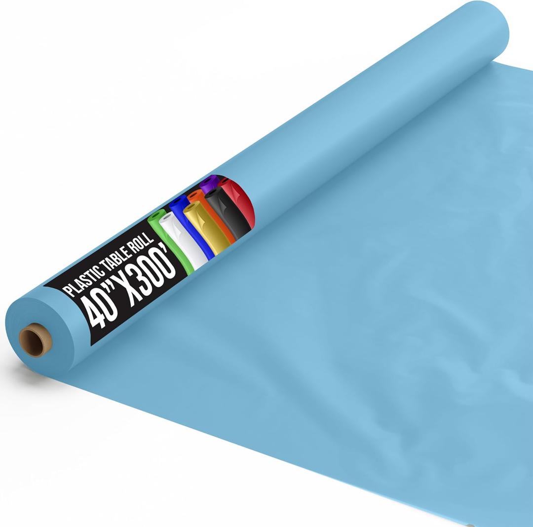 Exquisite Party Solids Sky Blue Plastic Table Cover Roll 40" X 300' Table Cloth Plastic Cover Roll - Premium Quality Thick 0.5 MIL Banquet Rolls - Disposable Tablecloth Rolls