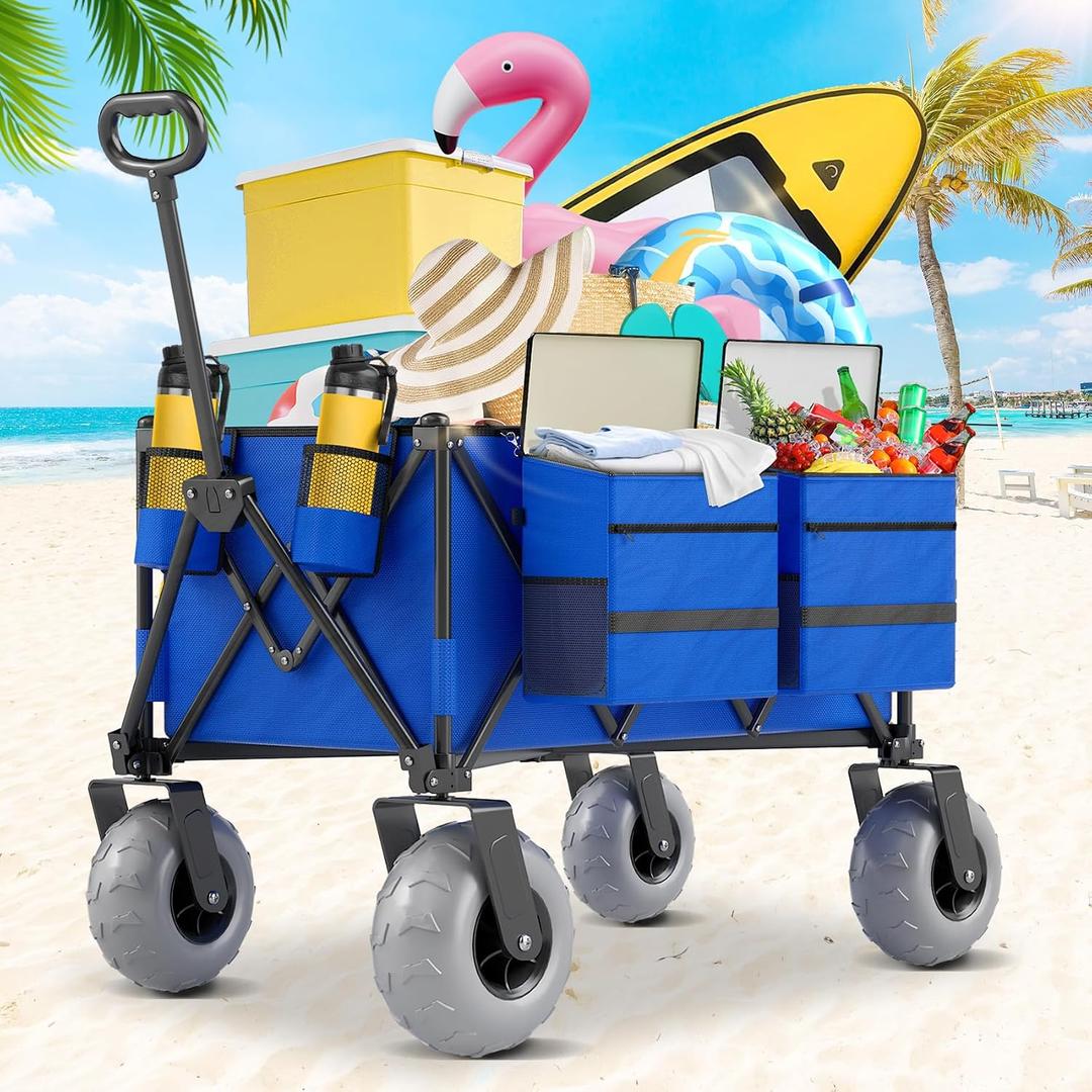 Beach Wagon with Big Wheels for Sand, 350lbs Heavy Duty Folding Wagon, Oversized 180L, 9" PVC All-Terrain Wheels, Adjustable Handle, Cooler & Storage Bags for Beach, Camping, Garden & Outdoor Sports