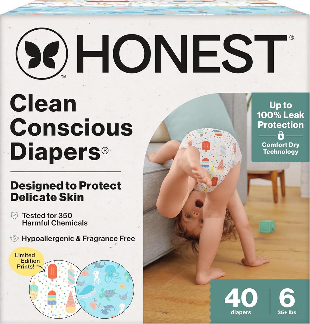The Honest Company Clean Conscious Diapers for Delicate Skin | Up to 100% Leakproof | Hypoallergenic, Fragrance Free | Summer '25 Limited Edition Prints | Club Box, Size 6 (35+ lbs), 40 Count