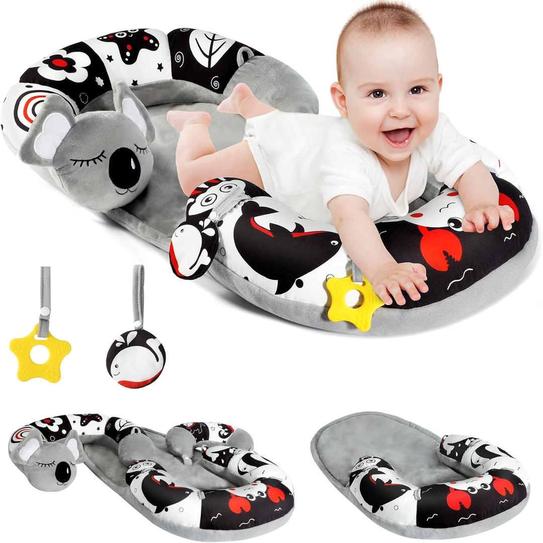 URMYWO Tummy Time Activity Mat - Cozy Tummy Time Mat for Newborn 0-12 Months, Breathable Soft Infant Baby Sit Me Up Floor Seat Early Sensory Development Play Toys Baby Registry Research Shower Gifts (Black)