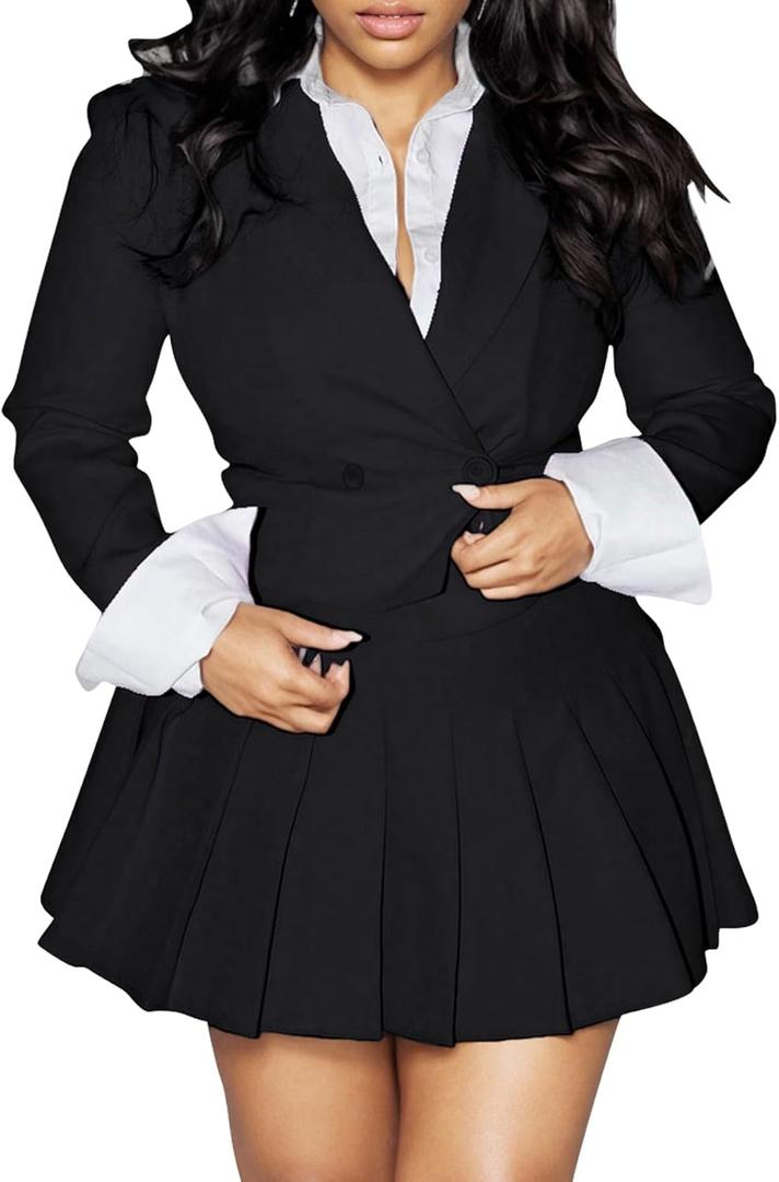 Tcremisa Women 2 Piece Skirt Set Business Casual Outfits Cropped Blazer and Pleated Mini Skirts Suit Office Work Party, Size: X-Large