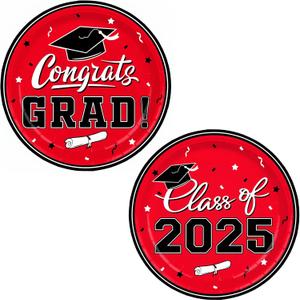 Gatherfun Graduation Party Supplies 2025 Graduation Party Dinnerware Red Disposable Paper Plates for Congrats Grad Party Decorations, Serve 80