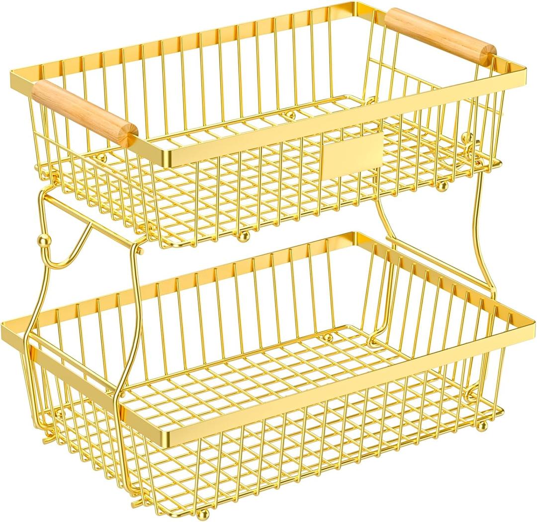 2 Tier Fruit Basket for Kitchen Counter with 2 Banana Hangers, Countertop Metal Fruit Bowl with Wooden Handle, Large Storage Stand for Vegetables, Snacks, Breads, Produce Storage  Gold