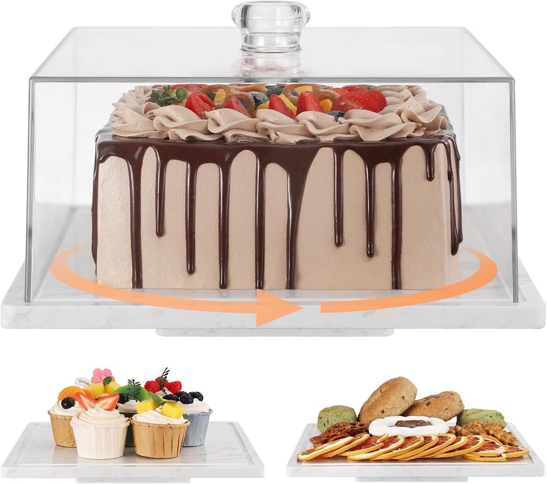 Square Cake Stand with Lid360 Rotatable Marble Cake Plate with Acrylic DomeStone Dessert Display Stand with Lid Cover for CheesePieChips & DipsTurnable Lazy Susan Serving Platter Spinner