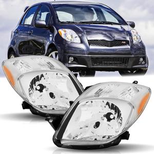 Headlights Assembly Pair for 2007 2008 Toyota Yaris Hatchback Headlamps Head Lights Replacement Driver and Passenger Side,Chrome Housing Amber Reflector