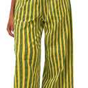 Acelitt Women Casual Drawstring Elastic Waist Loose Wide Leg Striped Pants with Pockets (Medium, Yellow)