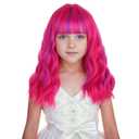 Kids Hot Pink Mixed Purple Wig Child Short Pink Purple Wig with Air Bangs Short Wavy Curly Wigs for Girls Heat Resistant Synthetic Wigs with Cap