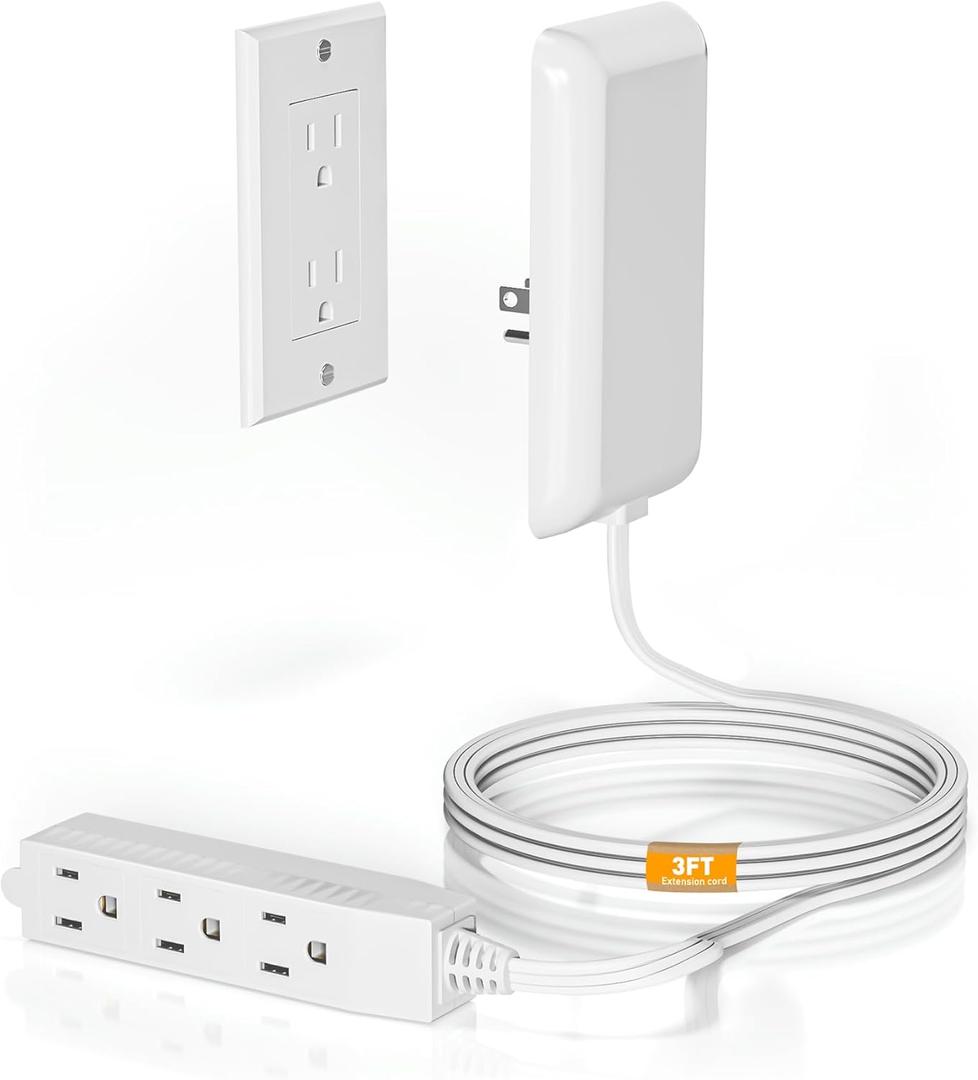 Flat Plug Extension Cord - 3 Outlets Power Strip with Detachable Ultra-Thin Outlet Cover, 3FT Cord, Universal Size, 13A 125V 1625W, ETL Listed, White - Ideal for Home, Office, Living Room, Bedroom