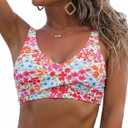 Fanuerg Women's Twist Front Bikini Top V Neck Push Up Padded Swimsuit Top Bathing Suits Pink Floral, Small