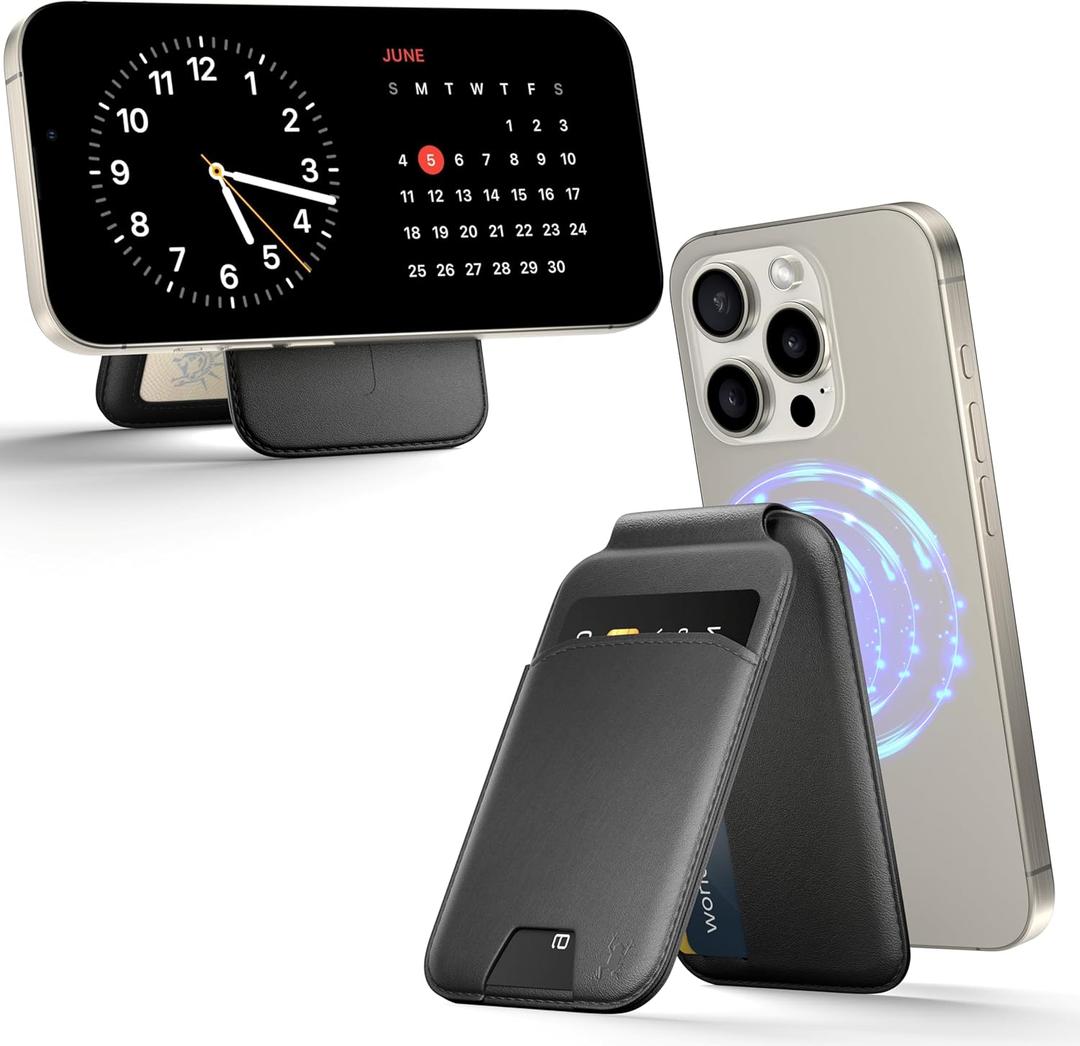 MagSafe Wallet Phone Stand, iPhone Wallet with Adjustable Stand, for iPhone 16/15/14/13/12 Models, 5 Card Holder, ID Holder, Magsafe Accessories (Black)