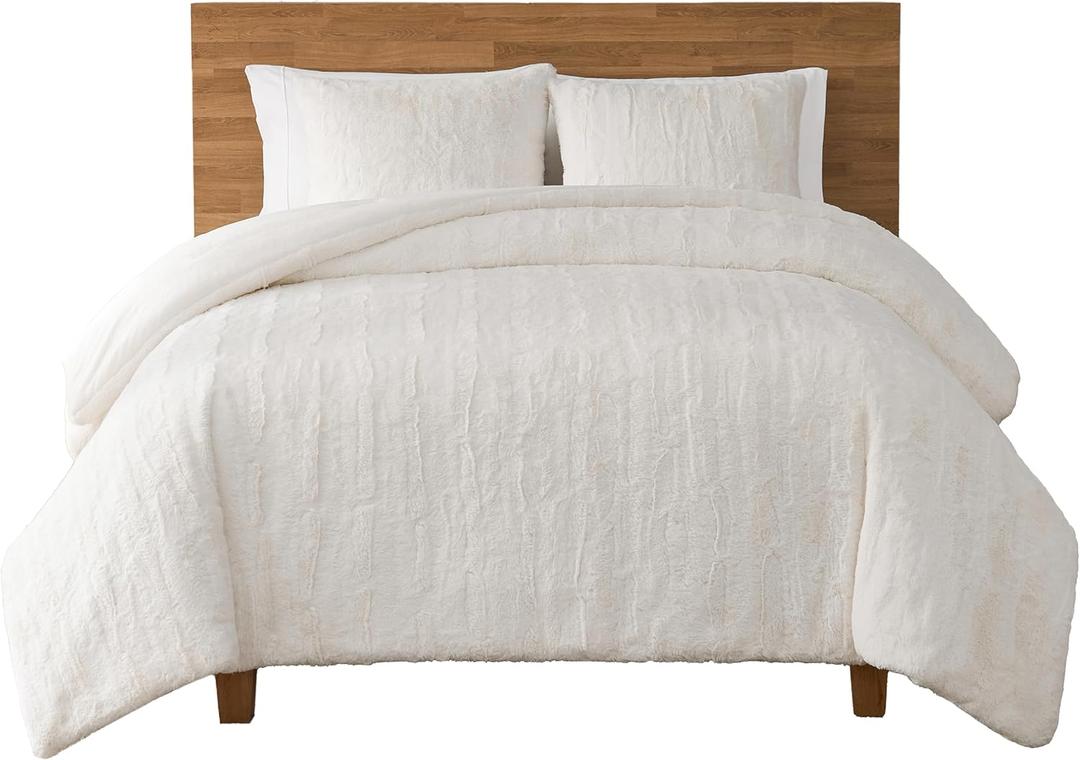 UGG King Size Comforters Set, Faux Fur Extra Soft Comforter Set King, Oversized Fluffy Reversible Cream Micromink Bedding with 2 Zipper Pillow Shams, Luxury White Bed Decor, Snow, Alondra
