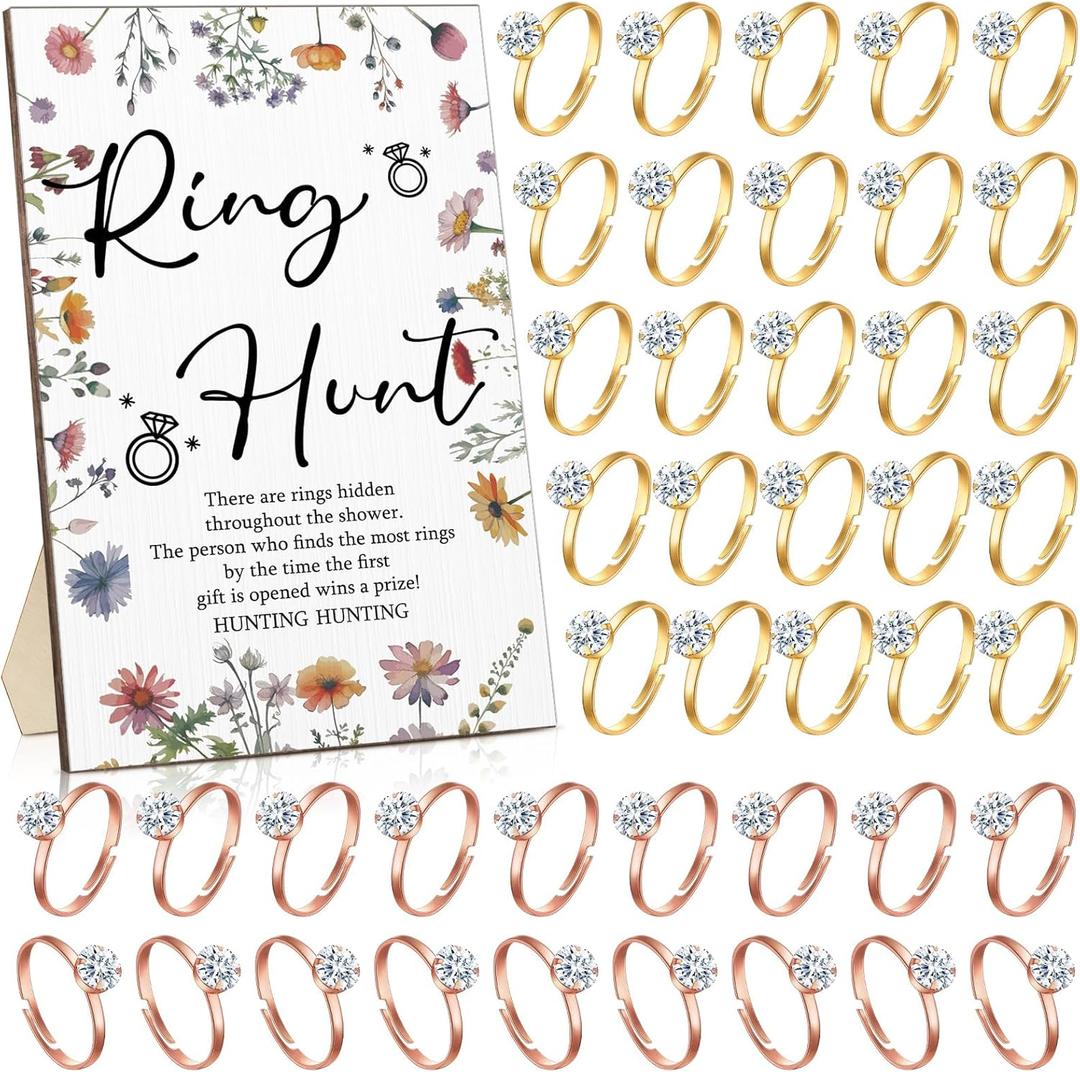 Bucherry Bridal Shower Games with Rings Funny Hunt Games Sign Wooden Game Sign and 100 Mini Plastic Fake Rings with Diamond for Bride Shower Game Wedding Winner Gifts Party Favors (Daisy)