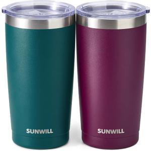 SUNWILL Travel Coffee Mug with Lid, 20 oz Tumbler Set of 2, Insulated Stainless Steel Cup for Drinks， Water, Tea, Powder Coated Forest Green & Plum