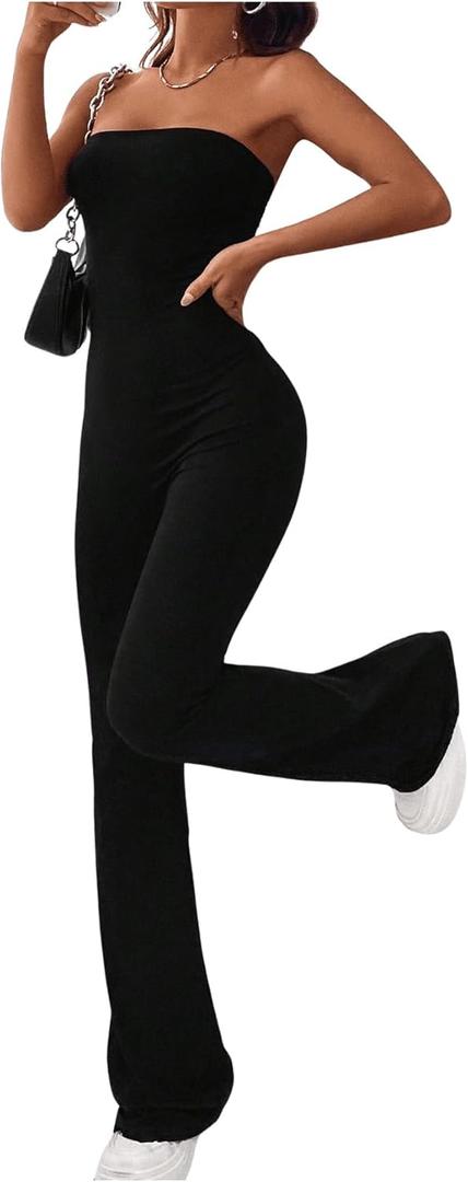 SOLY HUX Women's Strapless Sleeveless Tube Jumpsuit Summer Flare Leg Long Pants (Medium, Plain Black)