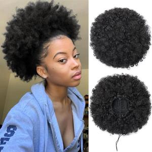 AISI QUEENS Afro Puff Clip On Synthetic Ponytail Extension for Black Women, Natural Black Short Kinky Bun Lightweight Synthetic Updo Hairpiece for Daily Wear.(1B#) (Extra Large)