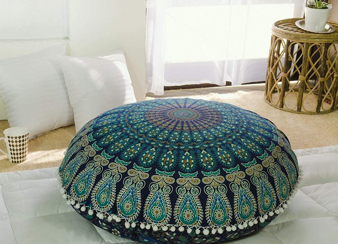 Popular Handicrafts Floor Pillow Cushion Cover - Hippie Mandala Cushion Cover Large Cotton - Pouf Cover Round Bohemian Yoga Decor, 32" Blue Turqouise (32" x 32" (Pack of 1))