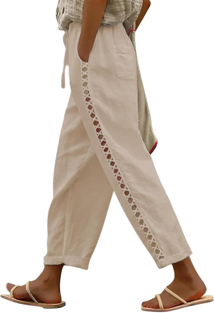 PIDOGYM Women's Linen Capri Pants, Lightweight Casual Summer Pants with Drawstring Elastic Waist (XL)