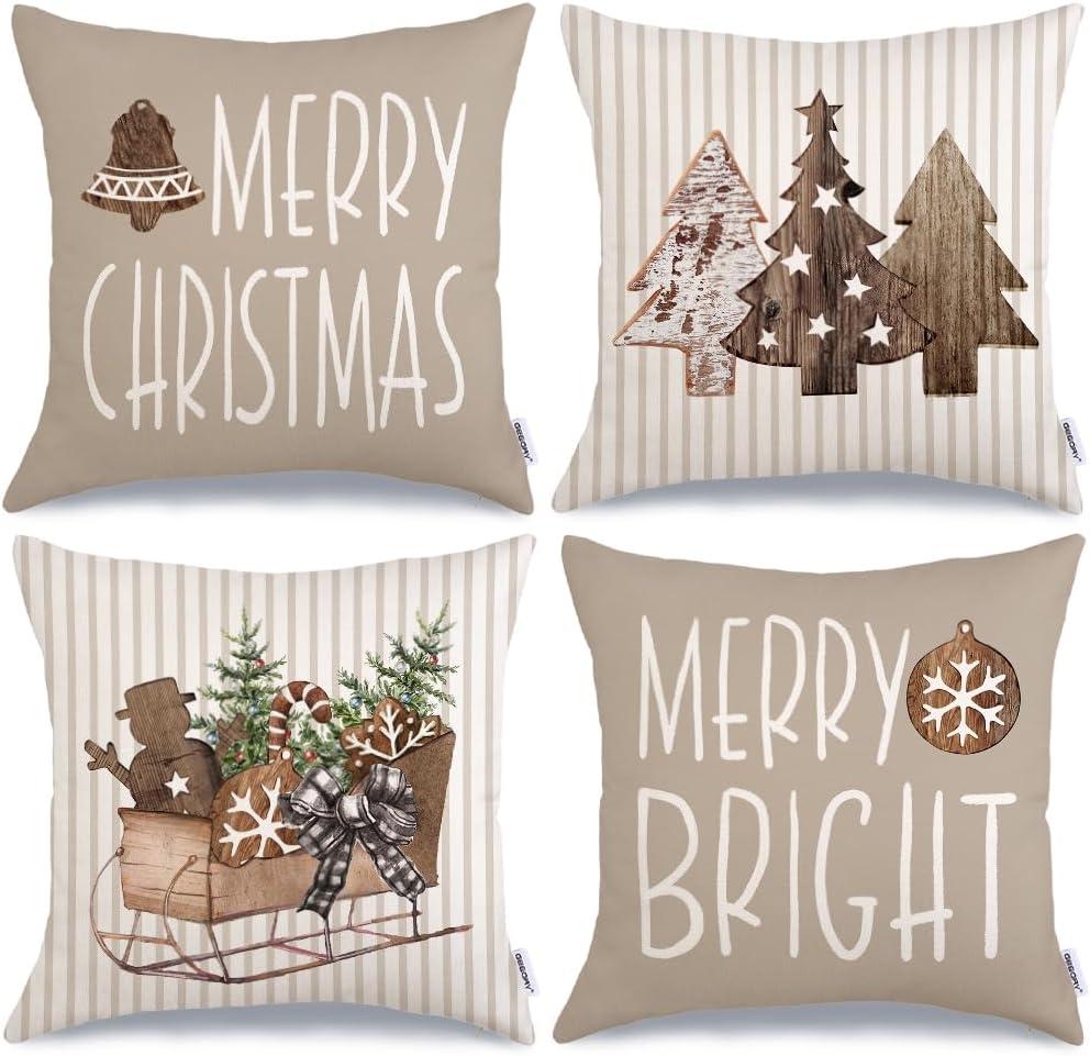 GEEORY Christmas Pillow Covers 16 x 16 Inch Set of 4, Striped Wooden Tree Snow Sleigh Merry Bright Xmas Holiday Decor Decorative Throw Cushion Case Decoration for Home Party Sofa Couch (Brown)