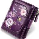 Small Wallet for Women, RFID Blocking Leather Compact Billfold RFID Blocking Zipper Wallet with ID Window, Purple Flowers