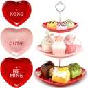 Lallisa Valentine 3 Tier Ceramic Cupcake Stand Pink Red Conversation Heart Porcelain Serving Tray Platter Tiered Dessert Stand Fruit Food Cupcake Tray Valentine Party Supplies for Couple Sweet Gift