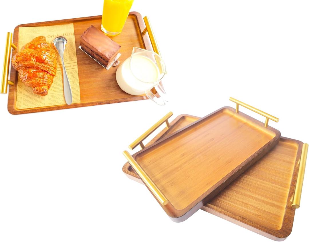 Bamboo Serving Tray with Gold Handles - Large Wood Serving Tray for Breakfast in Bed, Coffee Table, Dinner & bar - Decorative Bed Table Tray for Kitchen or Bedroom14" x 9.5" x 2"