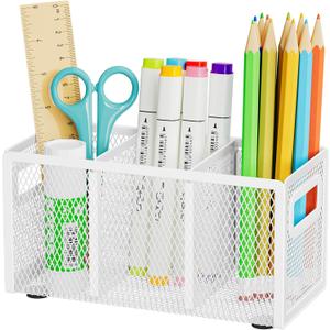 Marbrasse Mesh Pen Holder for Desk,Pencil Holder Desk Organizer 3 Adjustable Compartments,Pencil Cup with Handle Perfect for Classroom, Office, Home,Makeup,Art (White)