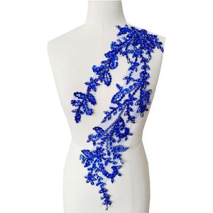 Handmade Shining Acrylic Rhinestones on lace Applique Sewing Beads Stones Trim Patches Accessories for Wedding Dress (Blue)