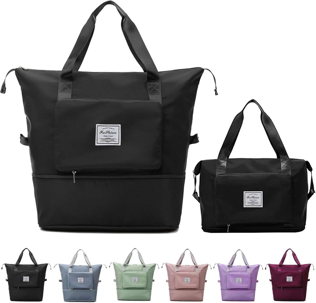 Large Capacity Folding Travel Bag, Lightweight Waterproof Luggage Bag, Expandable Travel Duffel Bag, Dry Wet Separated Gym Tote Bag, Weekender Overnight Bag for Women and Man (Black)