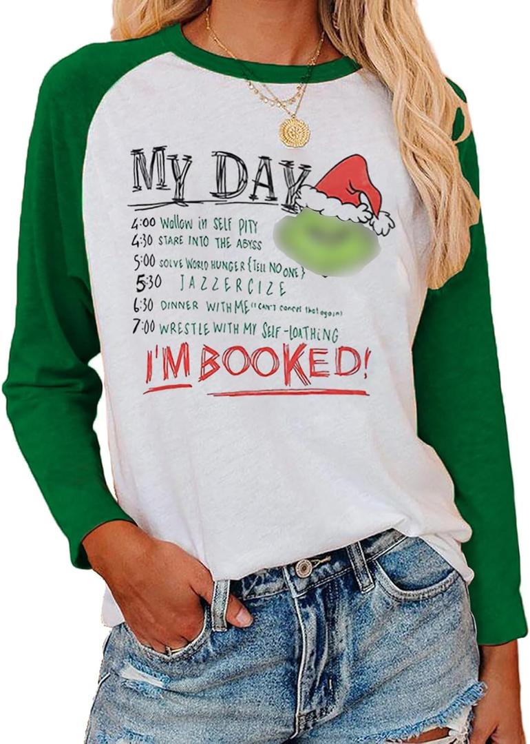 Women's Christmas Long Sleeve T-Shirt - I'm Booked Tops,Christmas Funny Printing Girls I'm Booked (Large, Green)