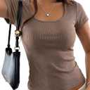 Womens Scoop Neck Ribbed Short Sleeve Tops Fitted T Shirt Slim Fit Casual Summer Basic Tee (Brown, XL)