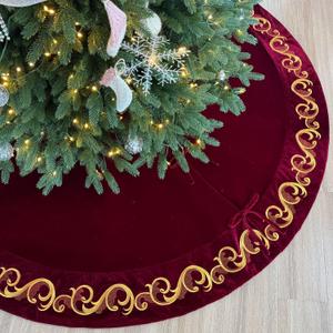 72-Inch Velvet Christmas Tree Skirt with Golden Swirl Embroidery and Lace Tie Closures, Burgundy