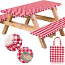 RNOONY Vinyl Fitted Picnic Table Cover with Bench Covers and Bag, 6ft Outdoor Waterproof Picnic Tablecloth with Elastic Edges, 72x30 Inches 3 Pcs Set (Red Checkered)