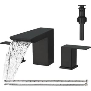 BESy Matte Black Bathroom Faucet 3 Holes Two Handles Vanity Widespread 8 Inch Bathroom Sink Faucet, Waterfall Bathroom Sink Faucet with cUPC Supply Hoses, Pop Up Drain, Stainless Steel (8 Inch Widespread with Drain)