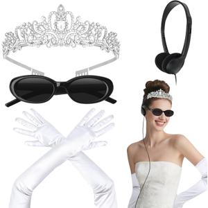 Semato Princess Costume Accessories for Women Princess Bachelorette Party Crown with White Long Gloves and Sunglasses Set