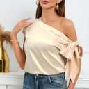Women's 2024 Off Shoulder Satin Tops Elegant Casual Short Sleeve Asymmetrical Neck Silk Blouses Shirts (Beige, XXL)