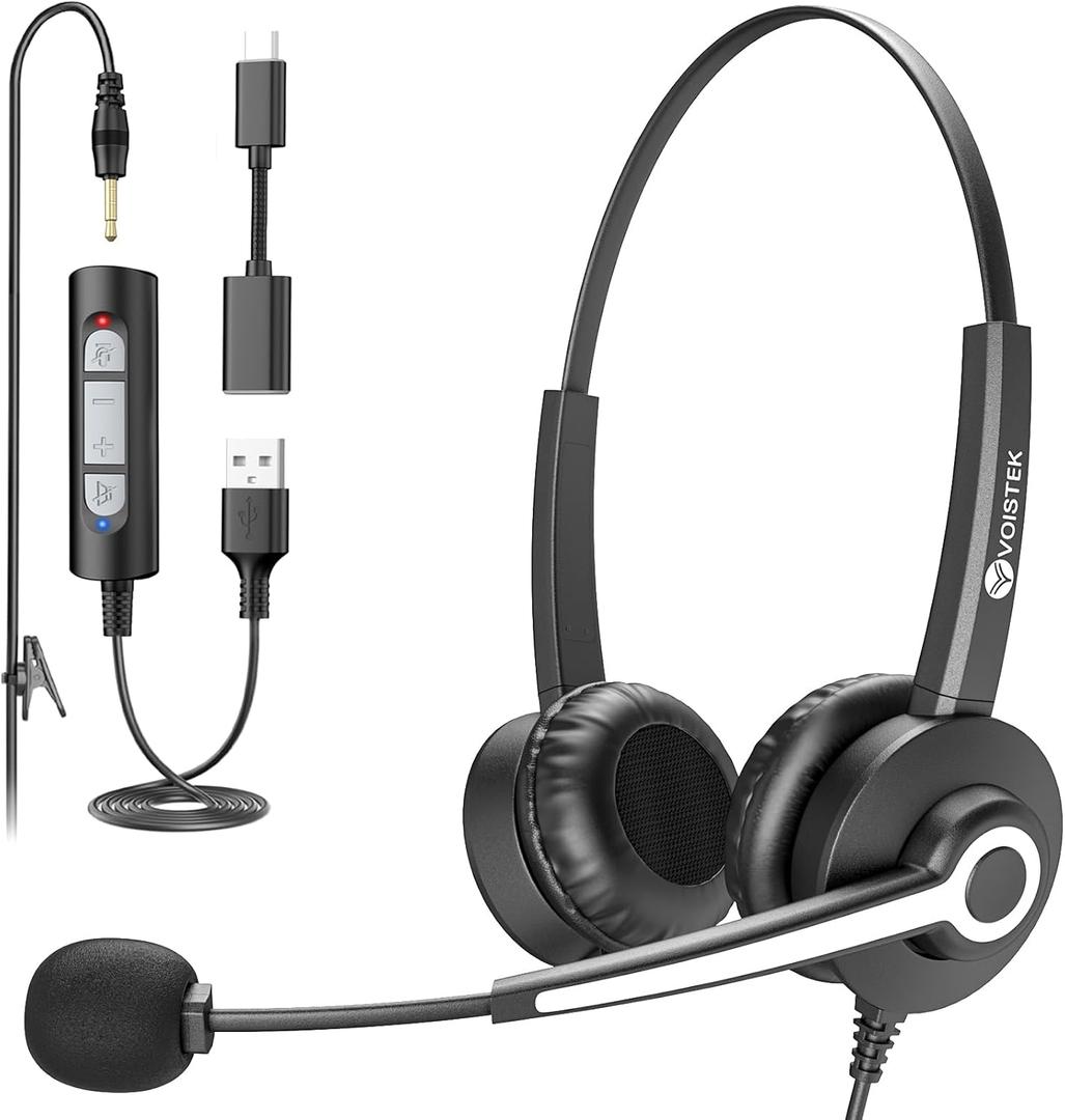 Voistek USB Headset with Microphone for PC, Computer Headset with Noise Cancelling Mic, Mute & Volume Control, Wired Headset for Work, Zoom, Teams, Online Meetings, Home Office