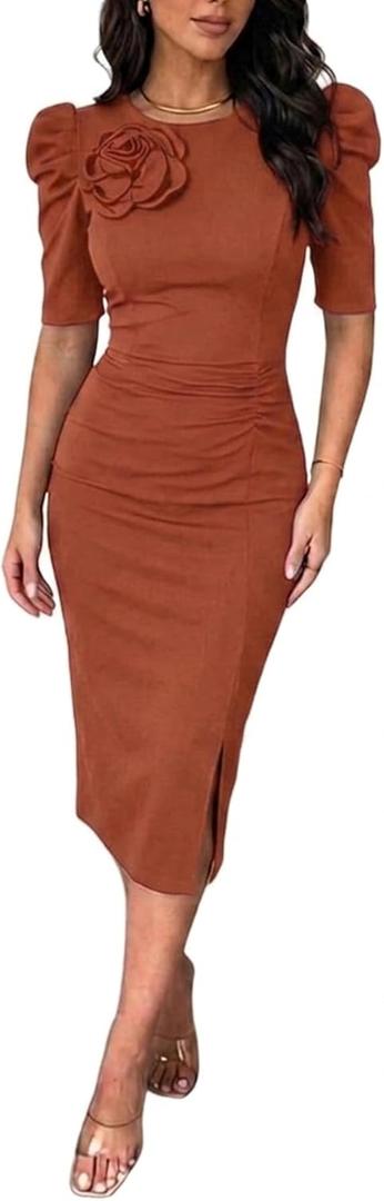 CHICME Women's Bodycon Midi Dress Ruched Puff Sleeve Cocktail Brown Pencil Dress Casual Slit Party Work Dresses-S