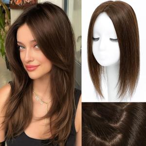 Hair Toppers for Women Real Human Hair, Realistic Biological Scalp Toppers HairPieces for Women with Thinning Hair Middle Part Clip in Bangs Big Base 360 3D Cover (Medium Brown, 16 Inch)