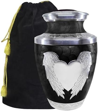 M MEILINXU Cremation Urns for Human Ashes Adult Man or Women, Funeral Urn for Ashes Adult Male or Female, Decorative Urns or Burial, Silver Angel Wings and Heart-Shaped, Black and Silvery - Large