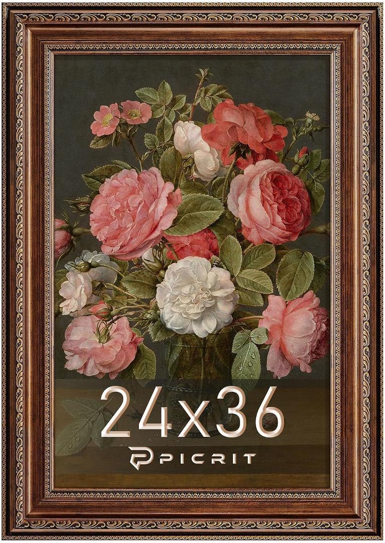 Picrit 24x36 Antique Gold Bronze Poster Frame, 2.75 Inch Wide Ornate Border Victorian Style - Wall Mountable Photo Frame for Gallery Art & Home Decor, 1 Pack