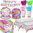 Gejoy 171 Pcs Building Block Birthday Party Supplies Tableware Kit Include Plates Cups Knives Forks Spoons Napkins Tablecloths Banner for Girls Birthday Party Decoration Serve 24 Guest (Sweet Color)