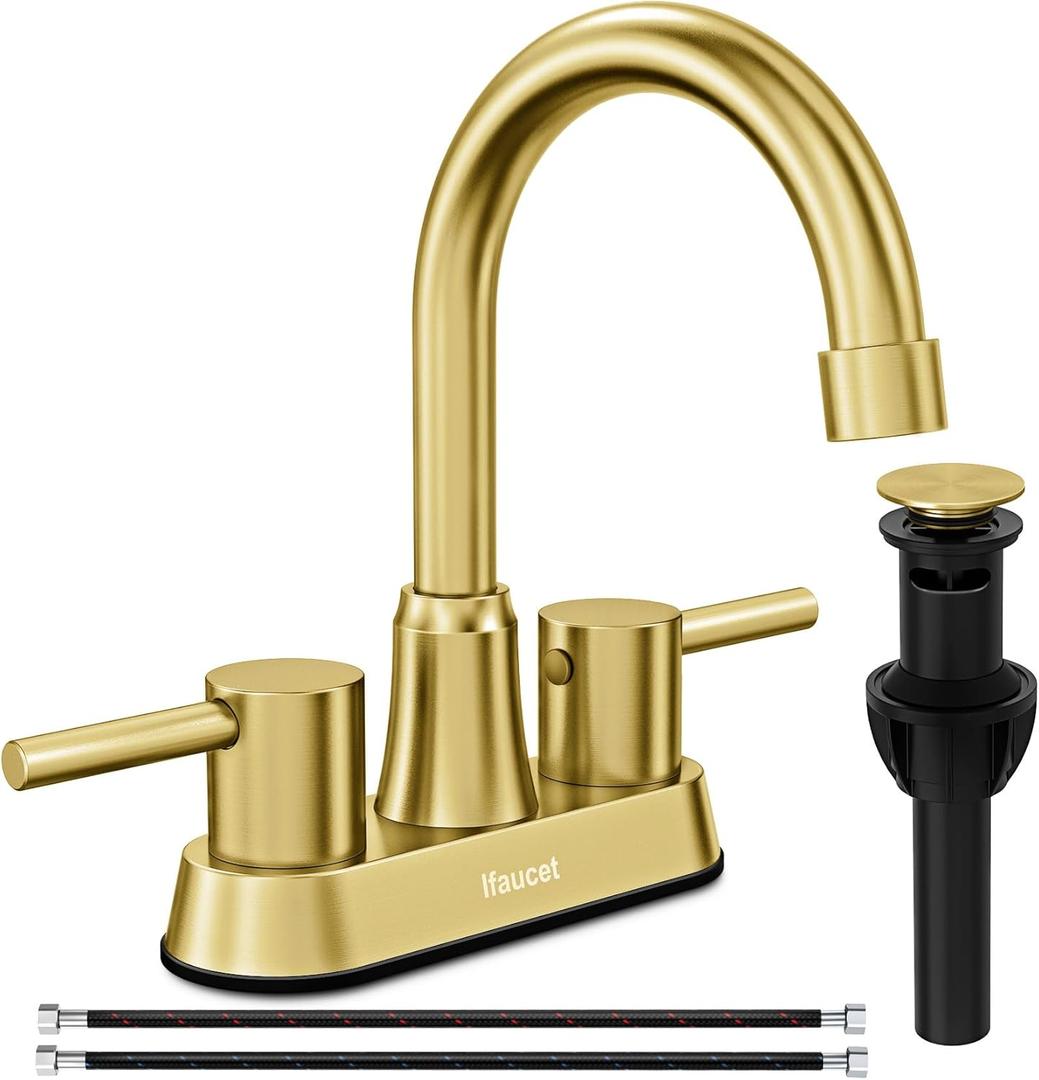 Gold Bathroom Faucet, Brushed Gold Bathroom Faucet, Gold Faucets for Bathroom Vanity, 4 Inch 2 Handle Center set, Lead-Free, with Copper Pop Up Drain (Brushed Gold)