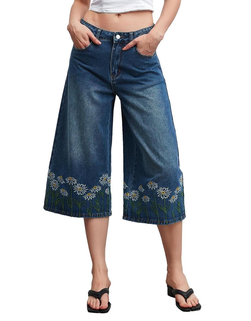 Kedera Women Casual Embroidered Wide Leg Denim Jeans 2025 Summer Trendy Baggy Pants Boyfriend Y2K Trousers Blue US10