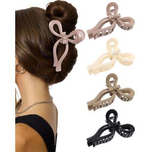 4 PCS Bow Hair Clips for Women Bow Claw Clip 5" Extra Large Hair Claw Clips for Thick and Long Hair Cute Bows Big Clip (1 Count (Pack of 4), 5" - Glossy- Khaki + Off-white + Ash Pink + Black)