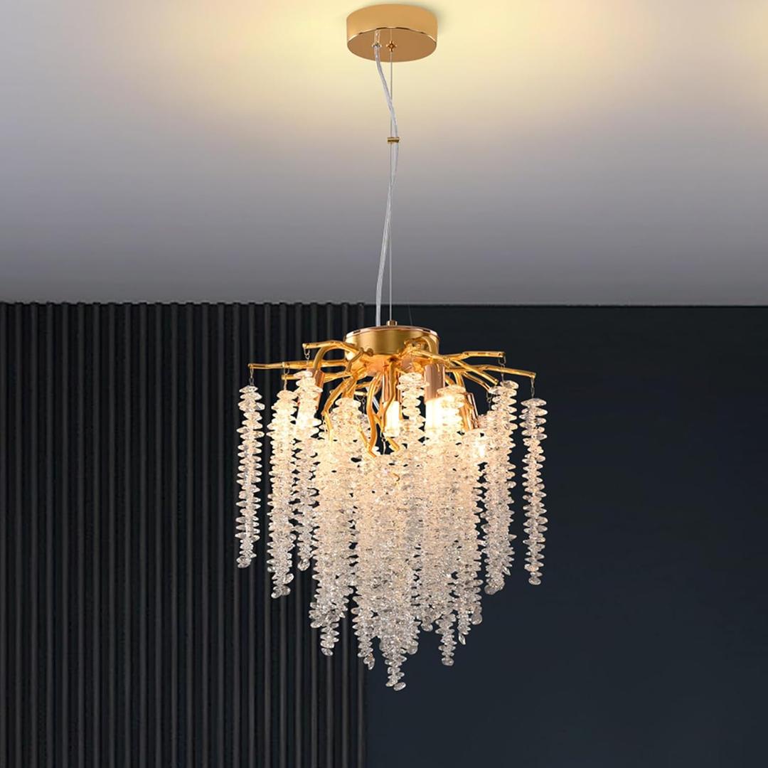 Crystal Tree Branch Chandelier Gold Roud Raindrop Pendant Light Tassel Ceiling Hanging Light Fixtures for Bedroom Living Room Dining Room Entryway Dia 12" (Round D12.0" Gold)