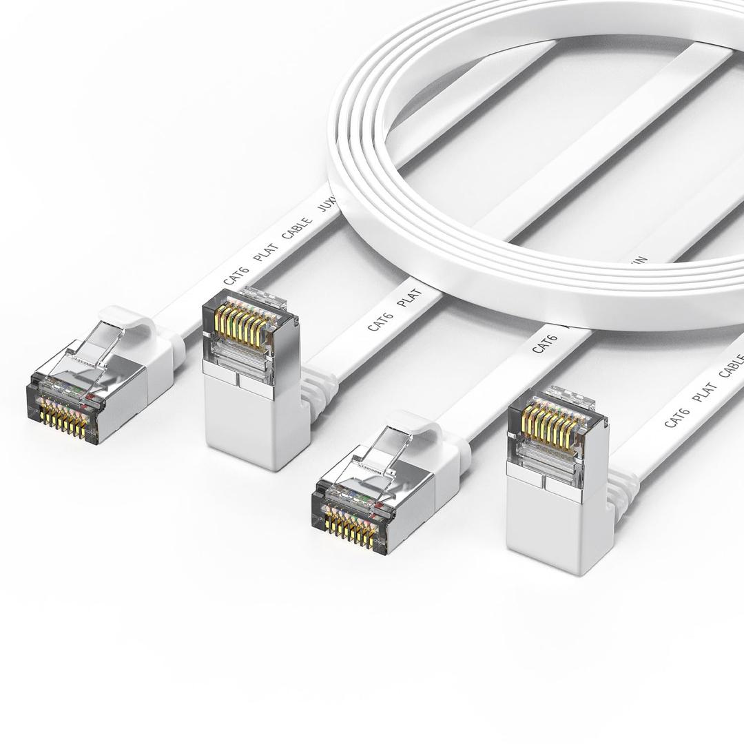 2 Packs Right Angle Cat 6 Ethernet Cable Flat 20ft, 90 Degree Up Angle Patch Cable 10Gbps High-Speed Internet and Network Cables-White, RJ45 Connector,for routers, Modem, PS4/5, Xbox