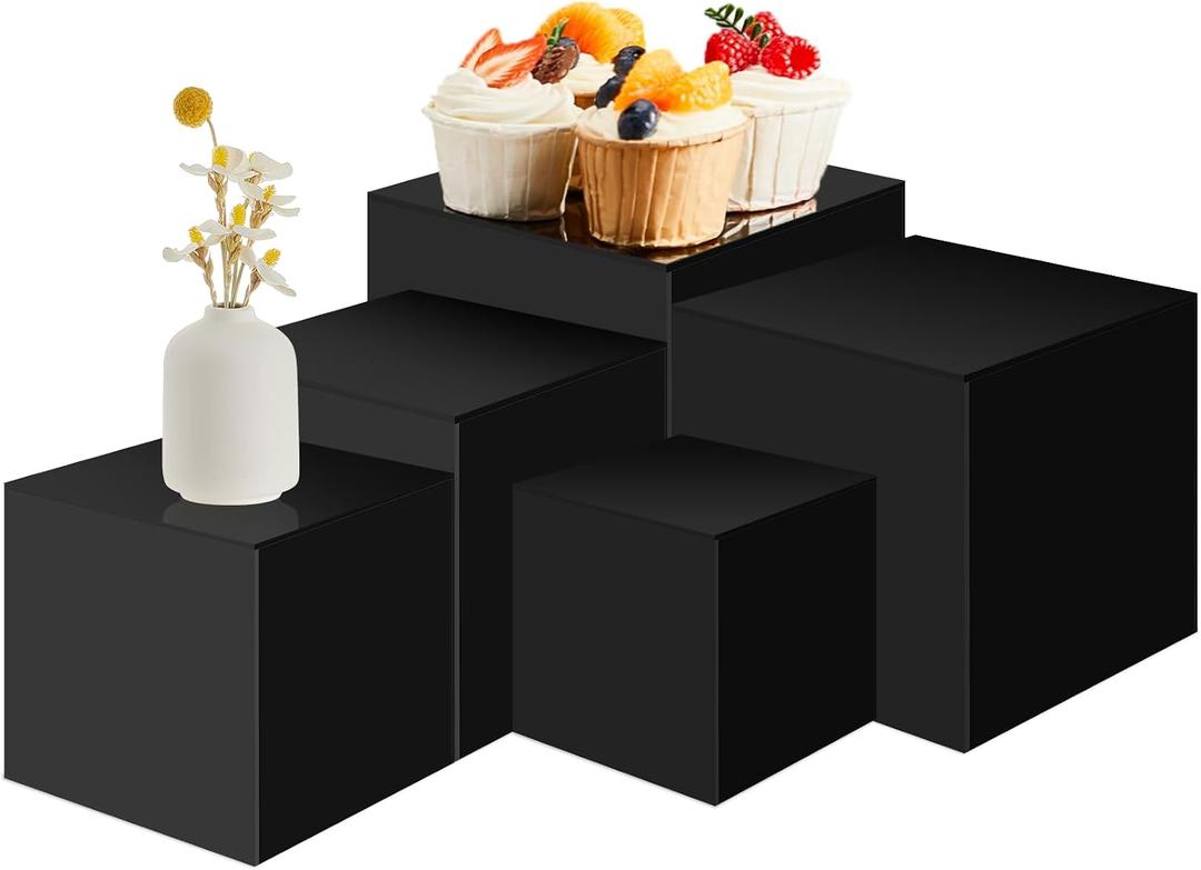 Geetery Set of 5 Display Buffet Risers Acrylic Cube with Hollow Bottoms Acrylic Boxes for Display Dessert Table Stands for Catering Collectibles Jewelry Decor(3,4,5,6,7 Inch, Black)