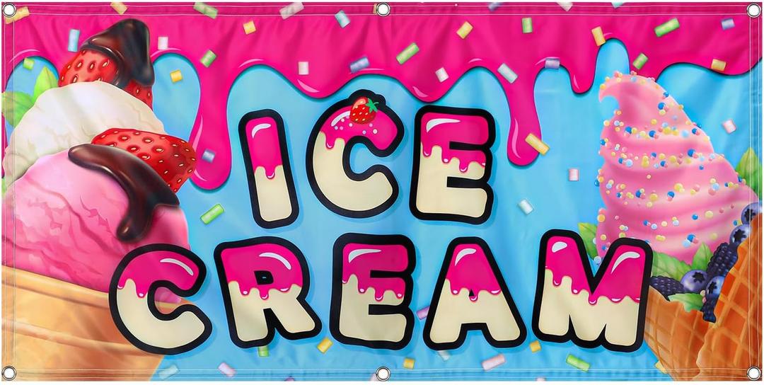 Tudomro 2x4 Feet Ice Cream Banner Sign Polyester Fabric Ice Cream Feather Flag for Summer Outdoor Advertisement Business Decor