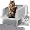 Henkelion Stainless Steel Cat Litter Box with Lid, 20" L x 14.2" W x 11.8" H, Litter Box for Big Cats with High Sided, Anti-Urine Leakage, Easy Cleaning, Includes Cat Mat and Scoop, Medium